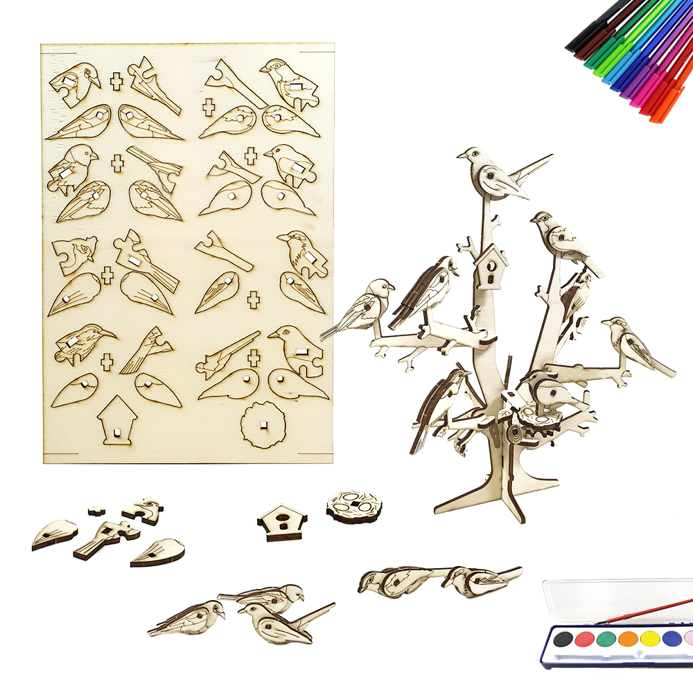 Tree with Birds + Collection of 8 birds 3D Natural (DIY)