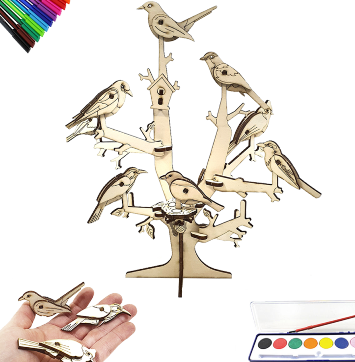 Tree with Birds + Collection of 8 birds 3D Natural (DIY)