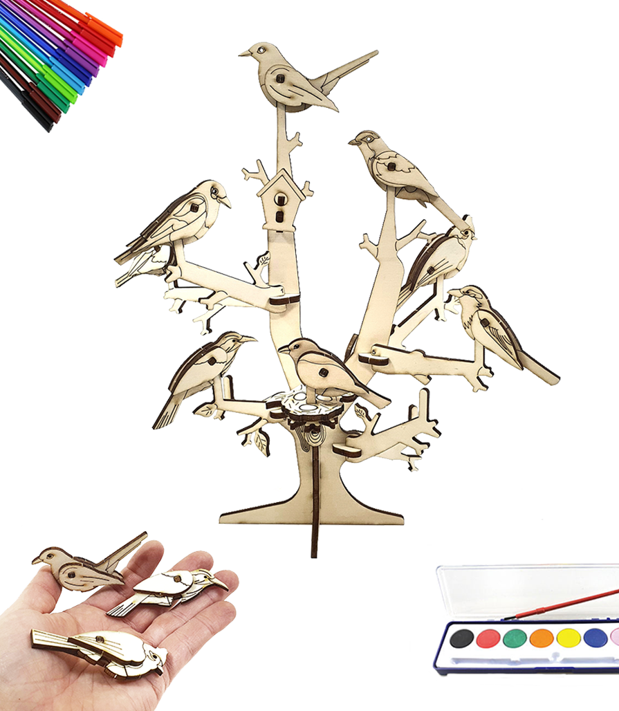 Tree with Birds + Collection of 8 birds 3D Natural (DIY)